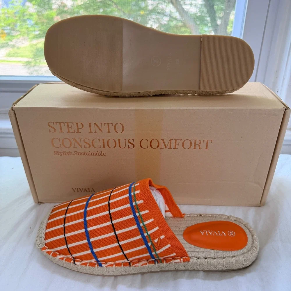 VIVAIA Orange Plaid Espadrille Slide Sandals - Size EU 39 / US 8 / NWT